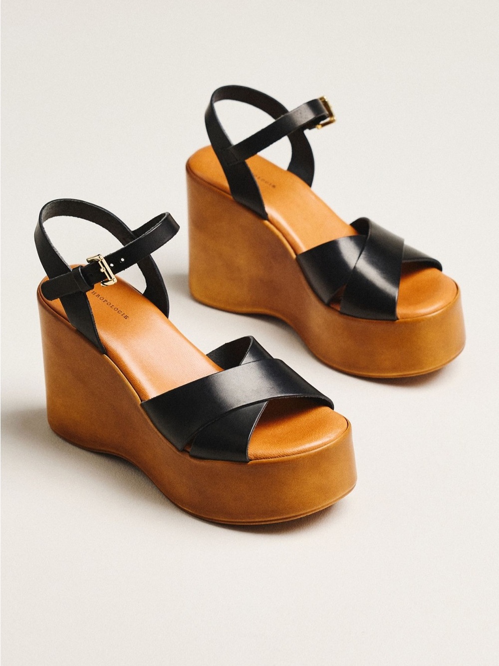 Anthropologie Black Leather Crisscross Platform Wedge Sandals